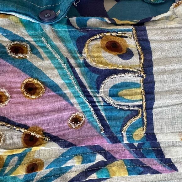 COLORI DI MARE 100% cotton Shirt Beaded Kaftan beach cover up L/XL - Picture 8 of 9